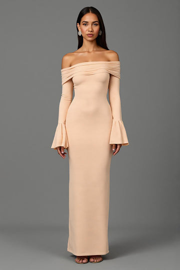 Apricot Sheath Off The Shoulder Formal Dress with Flare Sleeves